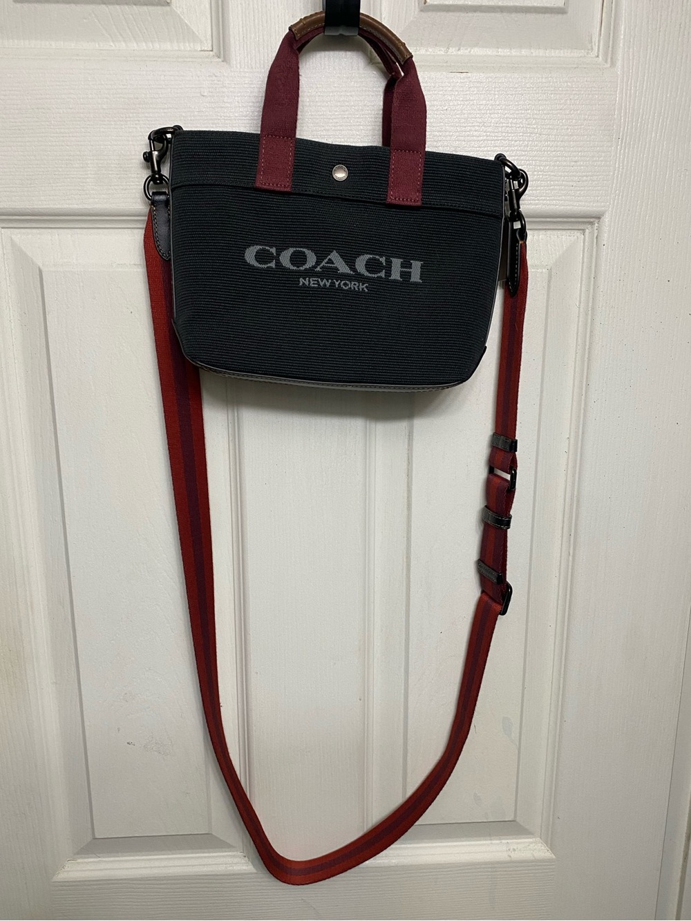 Genuine Coach Black Canvas Mini Tote with Removable Burgundy/Red Strap